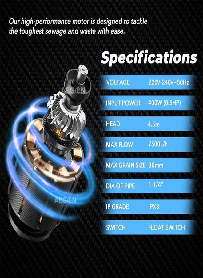 AEGON مضخة صرف صحي غاطسة من النحاس النقي Aegon ASP400، أحادية الطور IPX8، 0.5 حصان، 400 واط | مضخة تصريف مياه مزودة بمفتاح عائم - 7500 لتر/ساعة، ارتفاع 4.5 متر (أرجواني داكن) - Image 3